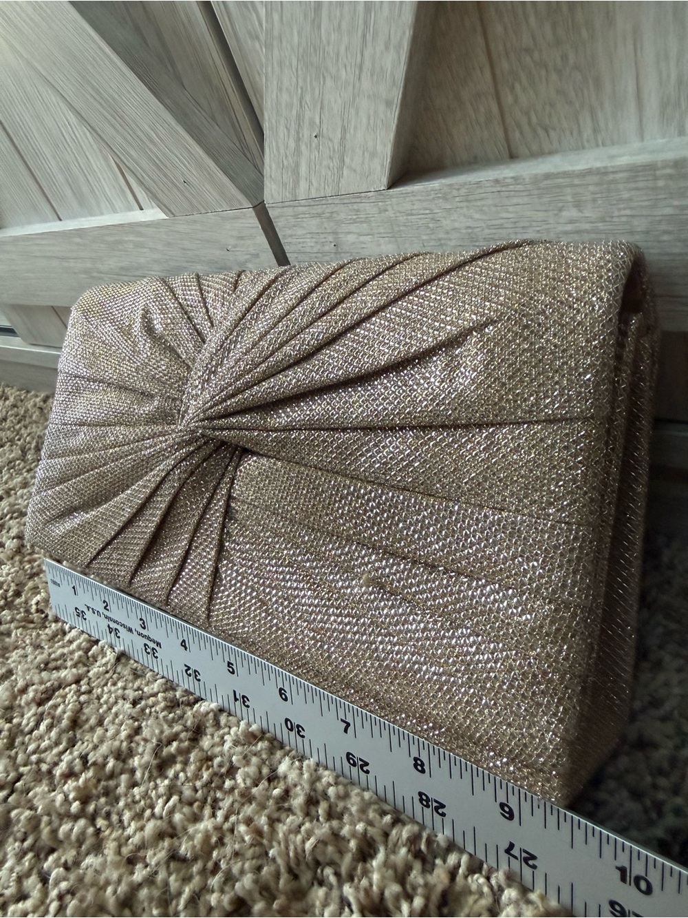 Elegant Metallic Twist Knot Champagne/Gold Clutch Purse w/chain